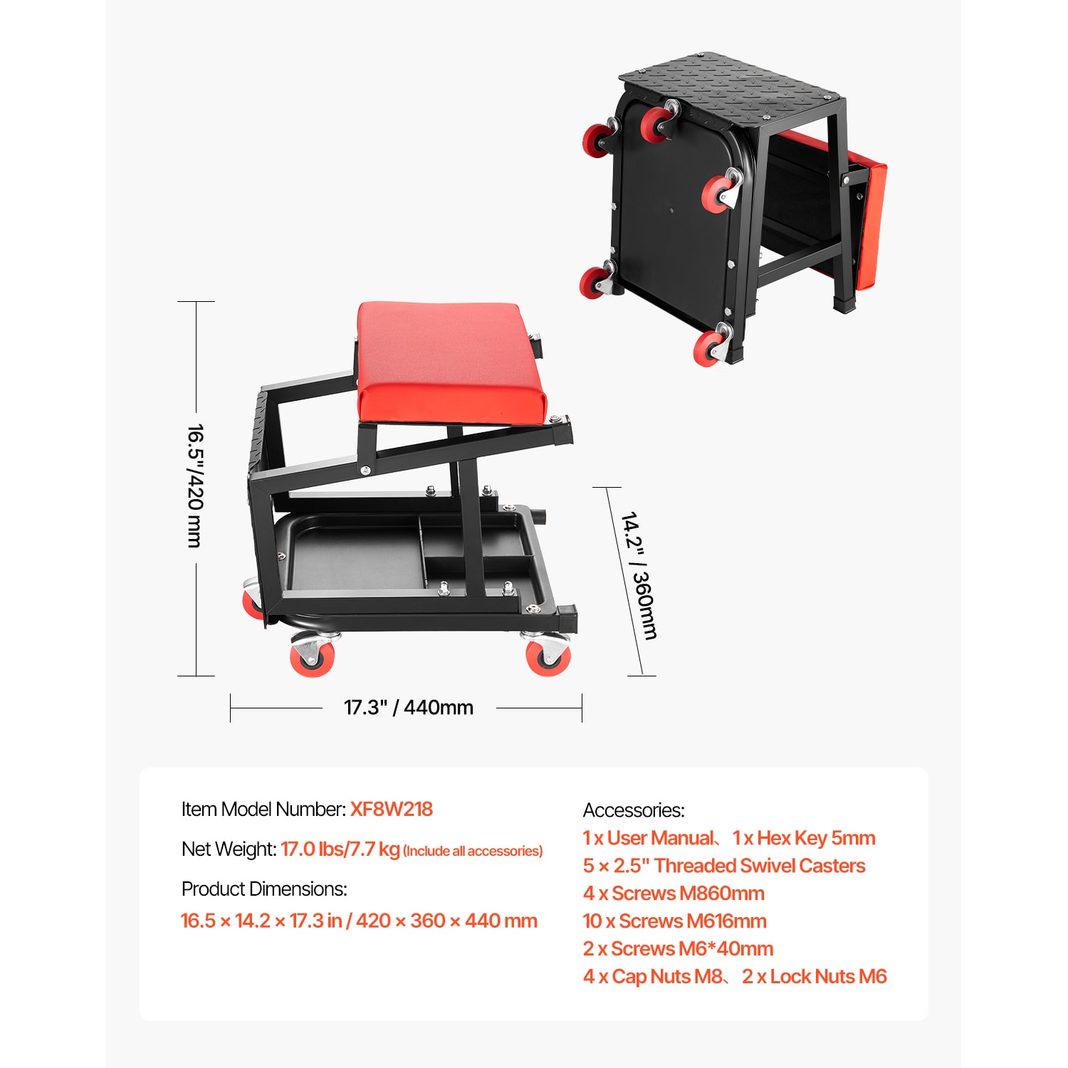 Mechanic Stool Rolling Work Seat With Wheels For Garage Workshop_voghion.com